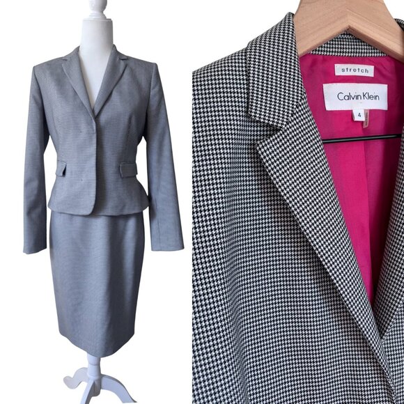 Calvin Klein houndstooth stretch skirt & jacket suit set Size 4 - Picture 1 of 9